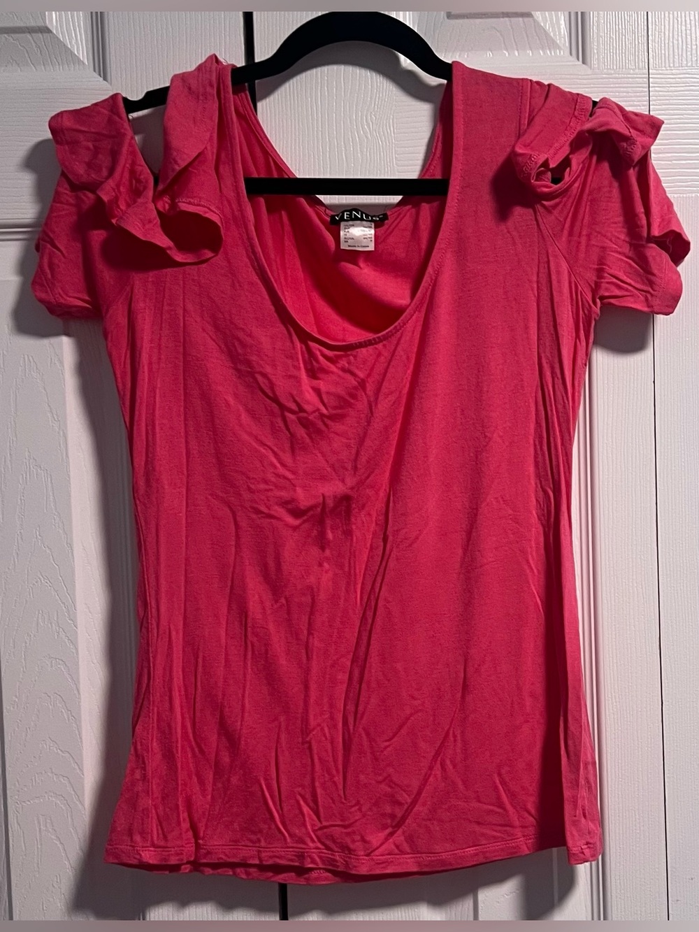 VENUS Pink Ruffle Cold Shoulder Sleeve Women's Top